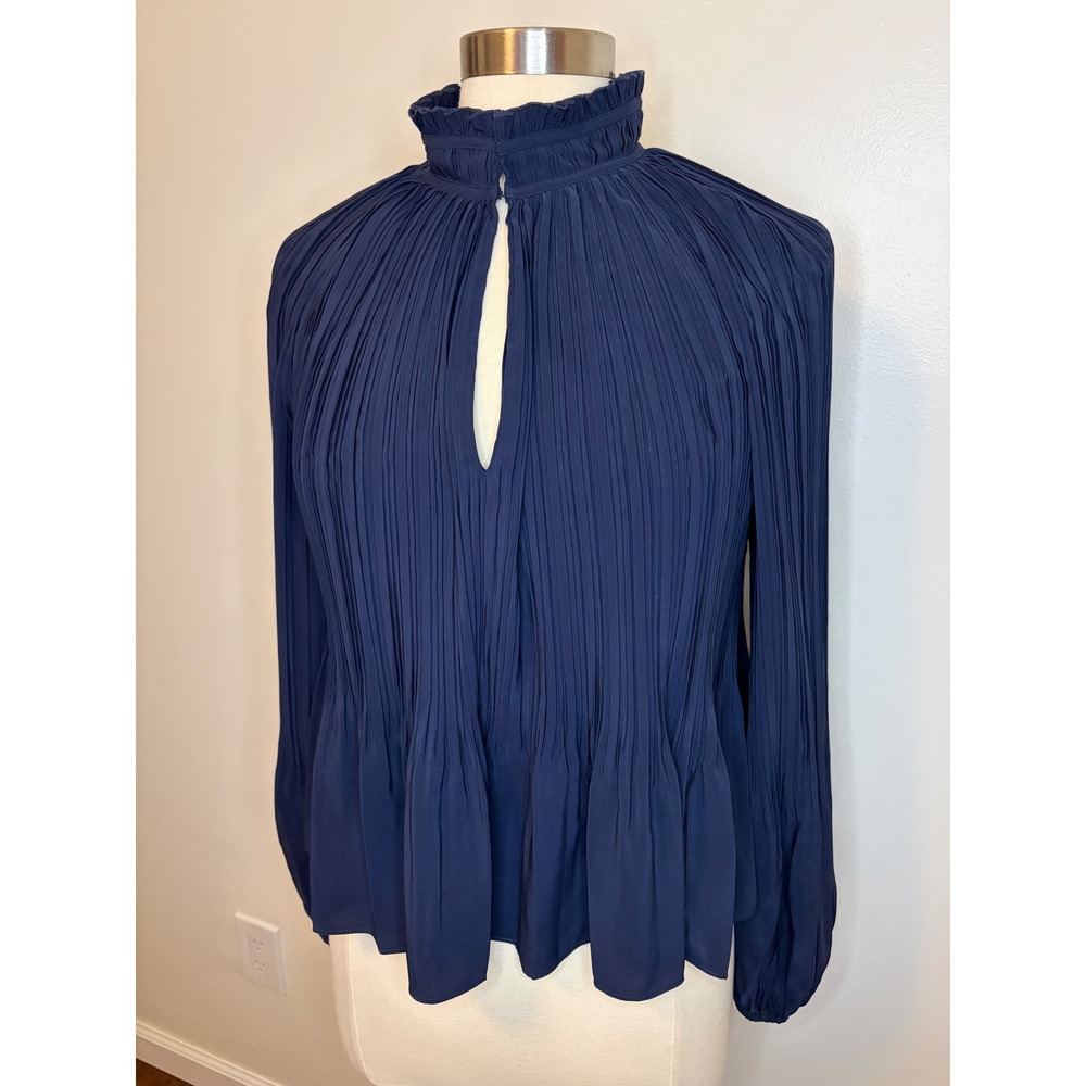 Veronica Beard Navy Blue Pleated Ruffle Neck Keyhole Blouse Size 8 Sophisticated